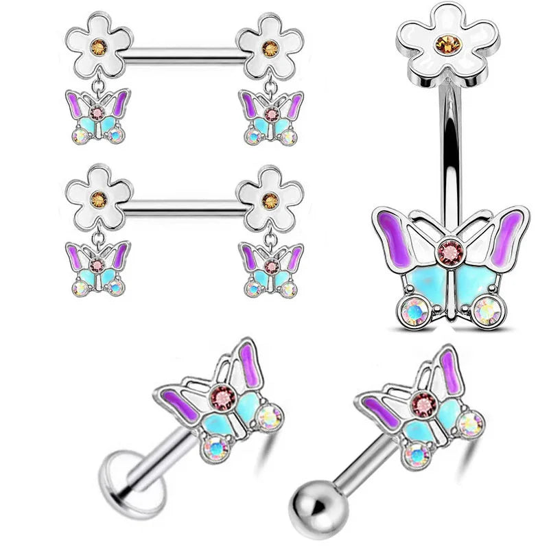 POENNIS Wholesale Stainless Steel Silver Plated Flower Butterfly Labret Nipple Septum Nose Belly Chains Hoop Ring Wedding Gift