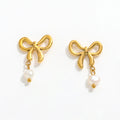 High End PVD 18K Gold Plated Waterproof Pearl Pendant Bow Stud Earring Stainless Steel Jewelry Wholesale