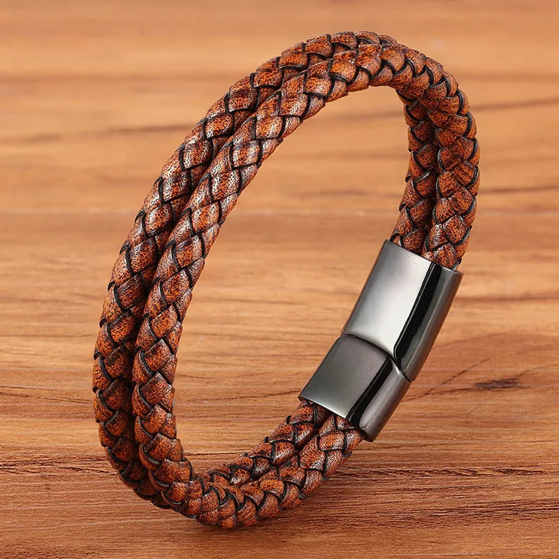 Vintage Double Layer Genuine Leather Bracelet Stainless Steel Magnetic Clasp Wrap Bracelet Wholesale Customize Logo Man Jewelry