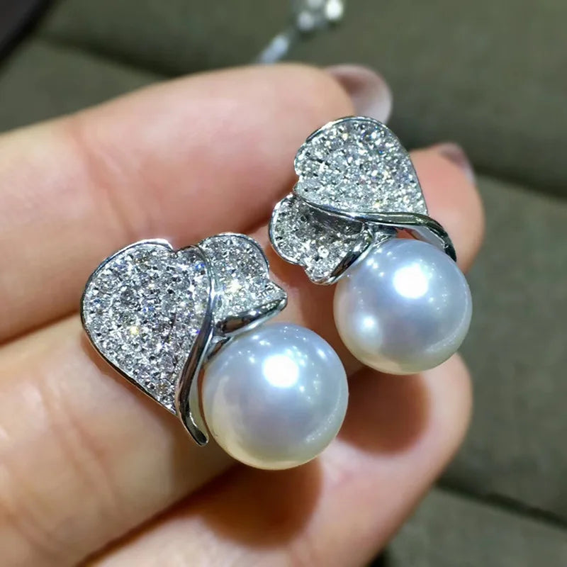 CAOSHI Simple Leaf Design Pearl Silver Plated Earring for Lady's Engagement Fashion Party Pave Full Cubic Zirconia Stud Earrings