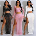 C6861 Club Two Piece Set Women Clothing Mesh Rhinestone Long Sleeve Top and Maxi Skirt Sets Women 2 Piece Outfits for Women