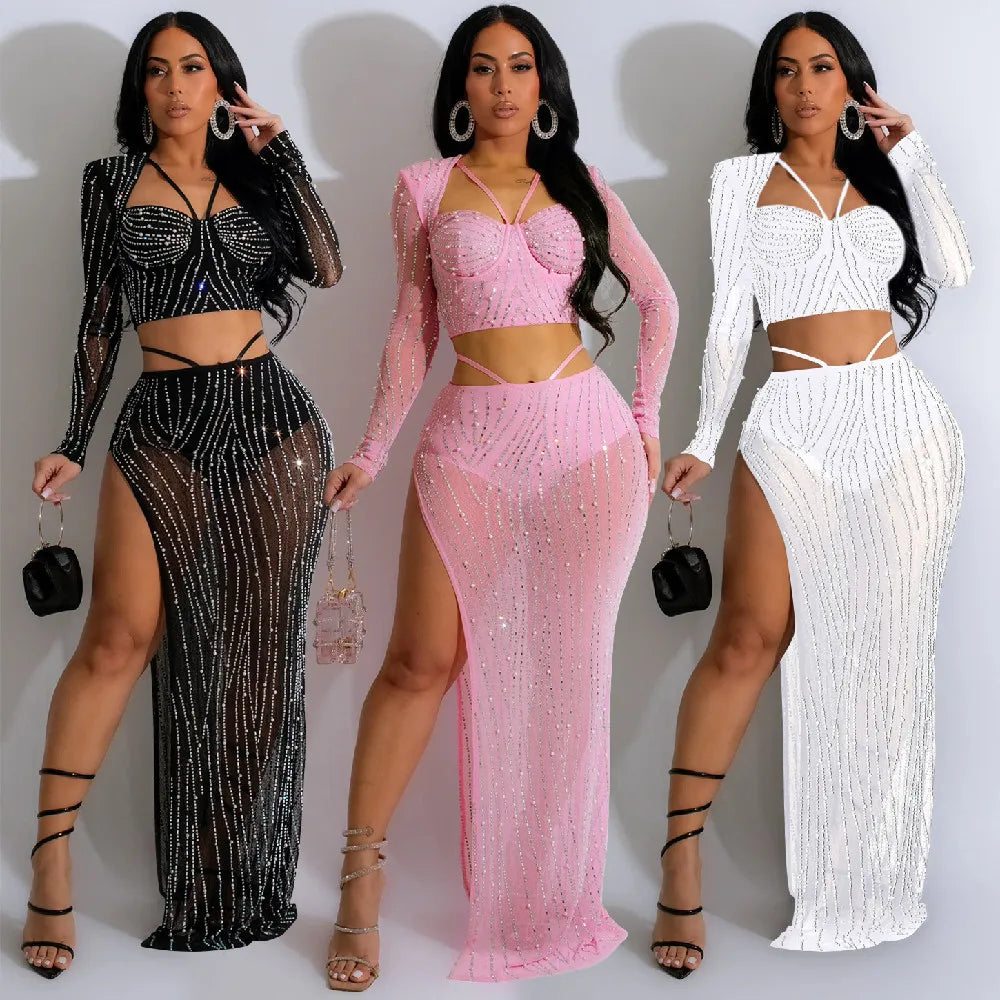 C6861 Club Two Piece Set Women Clothing Mesh Rhinestone Long Sleeve Top and Maxi Skirt Sets Women 2 Piece Outfits for Women