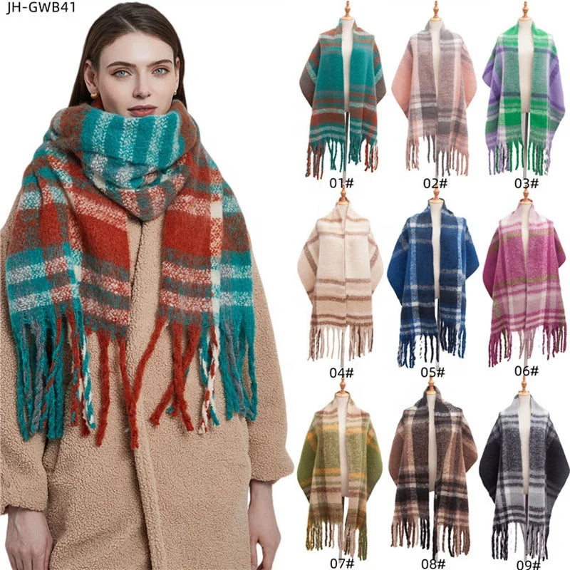 Landfond Accessory Fashion Plaid Scarves Soft Shawls Winter Loop Yarn Thickened Plaid Scarf