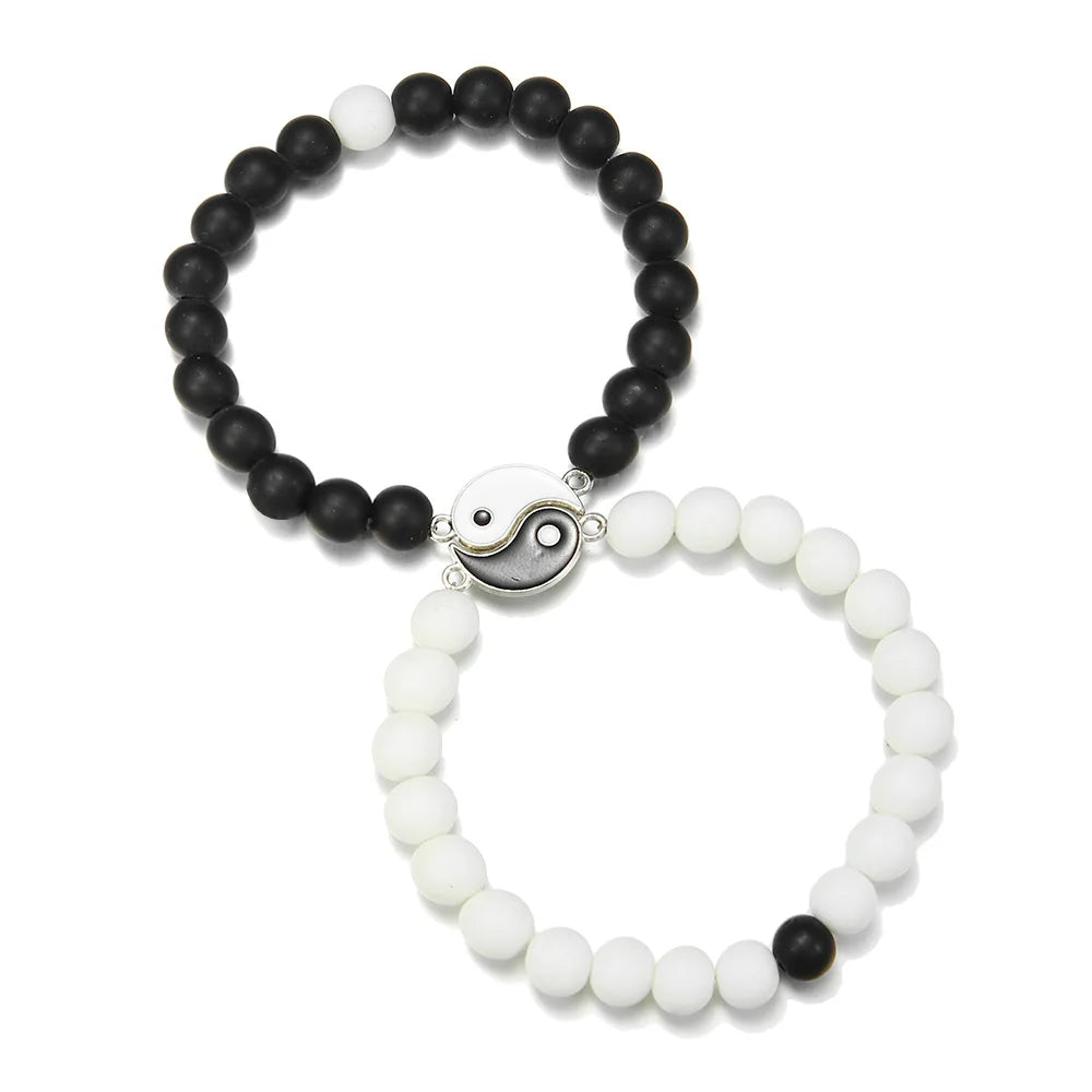 FanYue Fashion Personality Agate Tai Chi Bracelet Set Black and White Yinyang Tai Ji Couple Beaded Bracelet Set