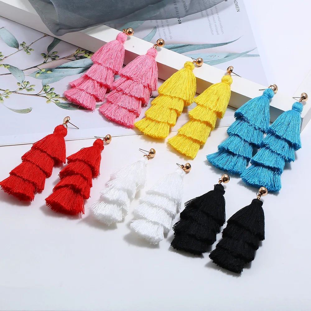 New Arrival Personality Fashion Trend Four Layer Large Cotton Earrings Jewelry Colorful Bohemian Vintage Long Tassel Earrings