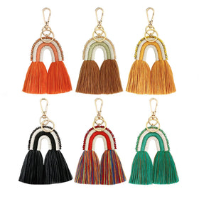 Cotton Weave Art Rainbow Keychina Boho Handmade Alloy Key Holder Macrame Bag Charm for Bags & Keychains