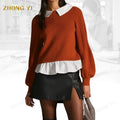 Wholesale OEM Autumn New Style Stitching Two Pieces Sweaters Shirt Inner Back Buttons Design Fashion Lantern Sleeves SweatersTop