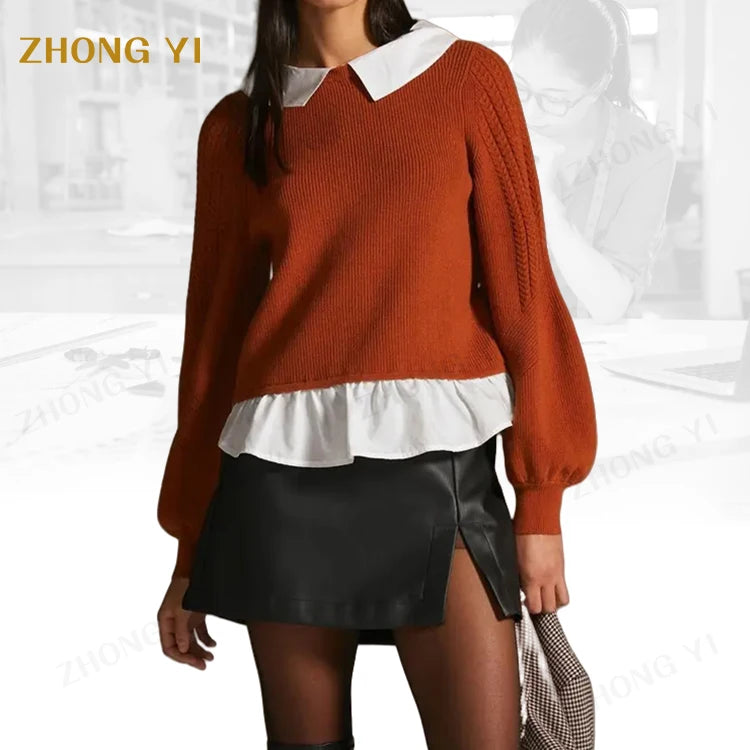 Wholesale OEM Autumn New Style Stitching Two Pieces Sweaters Shirt Inner Back Buttons Design Fashion Lantern Sleeves SweatersTop