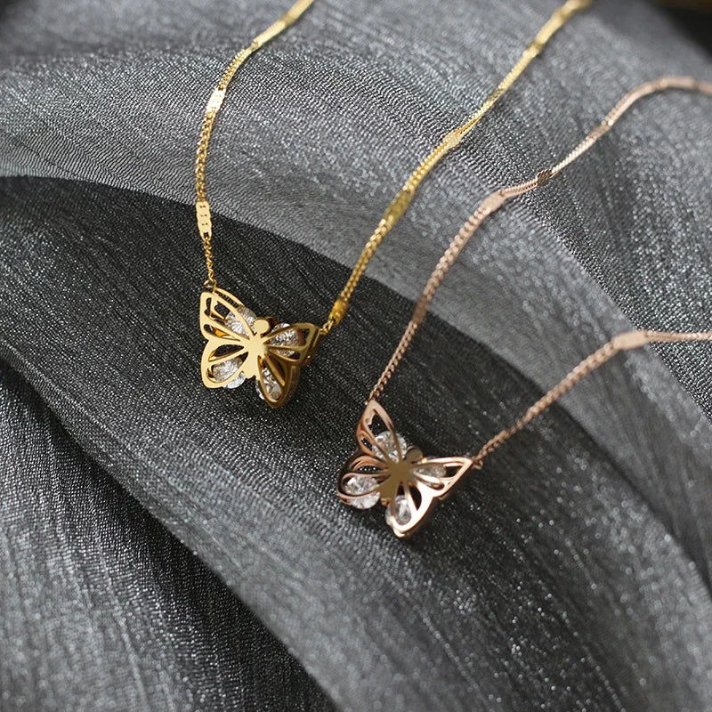 Wholesale Zircon Diamond butterfly Necklace Clavicle Chain Stainless Steel Plated 18 Karat Color Mini butterfly Charm