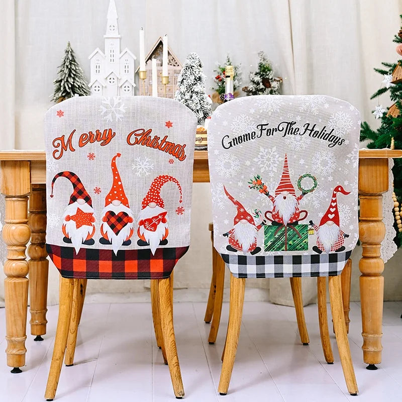 Cartoon Dining Chair Cover for Home Hotel Christmas Gifts Decoration Decor Black Plaid Edge Gnome Christmas Chair SlipCover