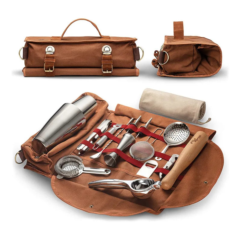 Customized 16A Canvas Travel Bartender Mixology Bag Professional Portable Set Roll Bag with Tool OEM Support