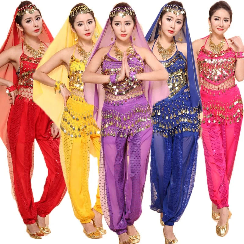 Cheap Sexy Adult Indian Bollywood Performance Wear Backless Suspender Trousers Belly Dance Costumes Set