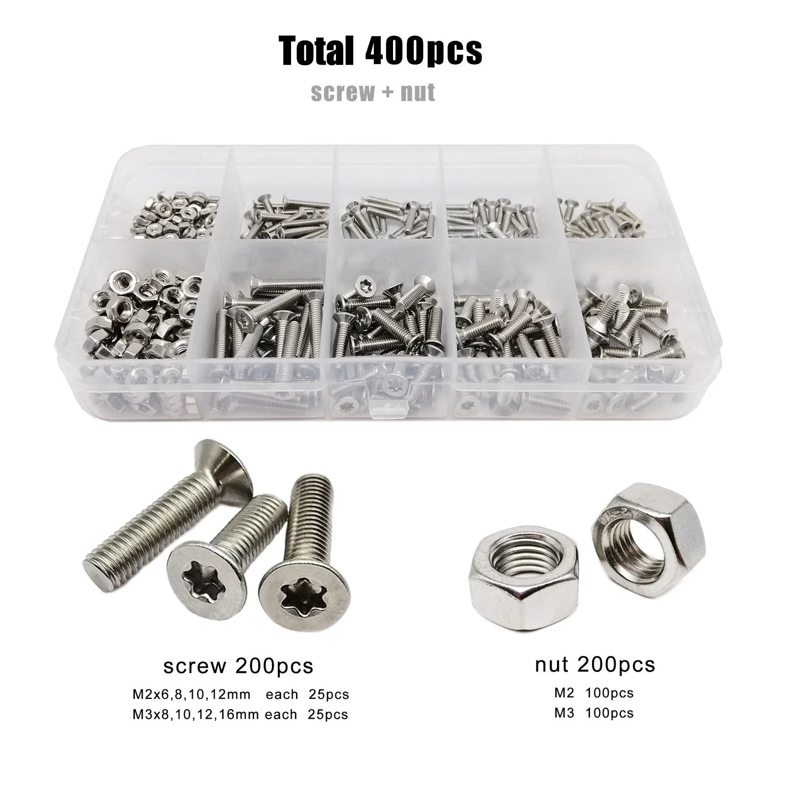 400pcs/box M2 M3 GB2673 304 Stainless Steel Bolt Nut Washer Set Assortment Kit Box Torx Flat Countersunk Head Screw
