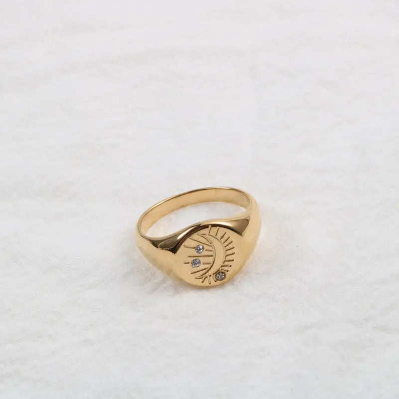 Fenny 18K Gold Plated Wholesale Stylish Round Smile Face Moon Star Zircon Seal Stainless Steel Finger Ring Trendy for Women