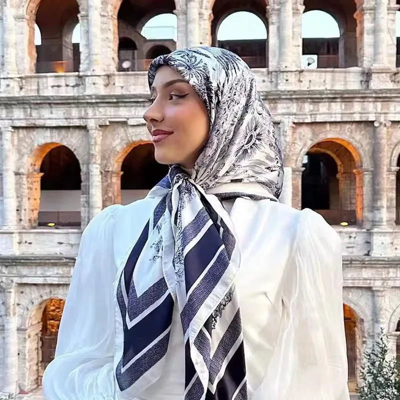 New Product Fashion 110*110cm Bandana Women Square Floral Printed Hijab Satin Silk Scarf Shawls
