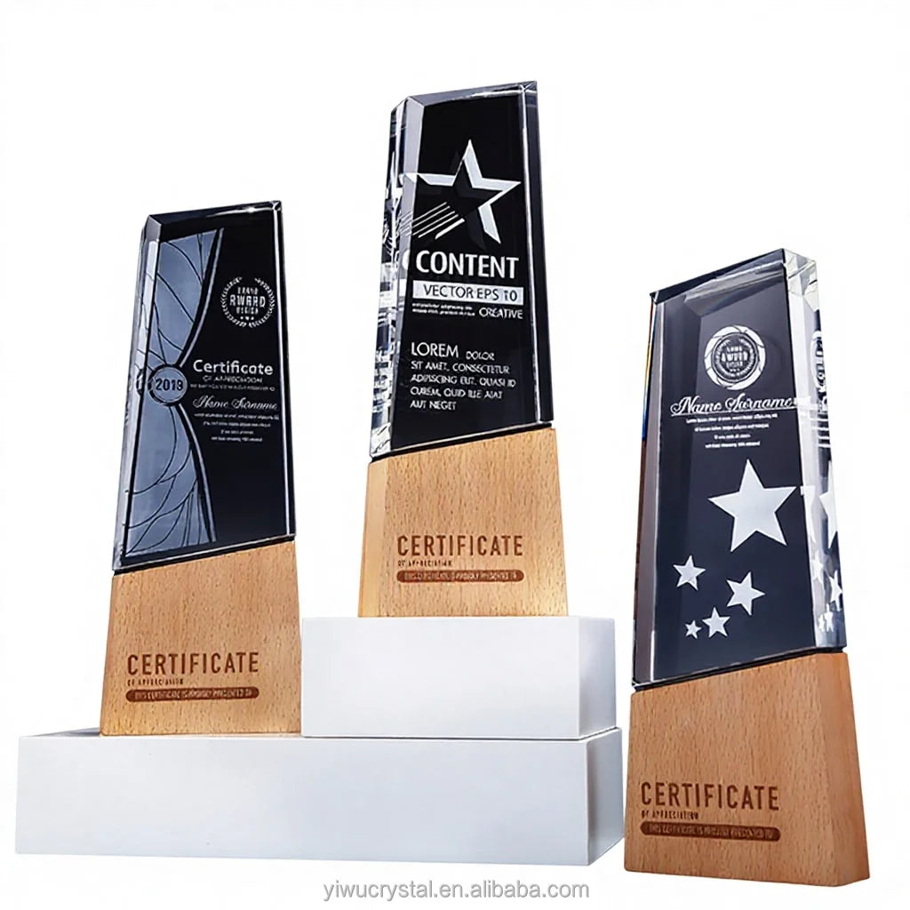 Wholesale Pujiang Factory Wooden Trophy Cup Crystal Custom Laser Engraving Sports Trophies and Medals With Wood Base
