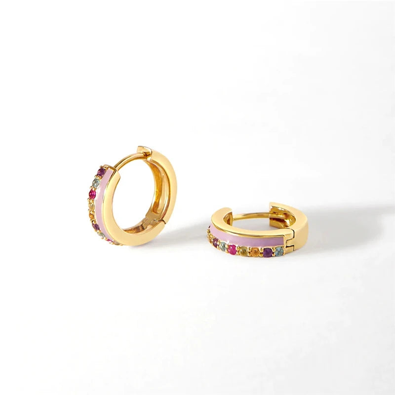925 Sterling Silver Oil Enamel Earrings with Rhodium and Gold Plating Featuring Zircon Stone for Gift and Party
