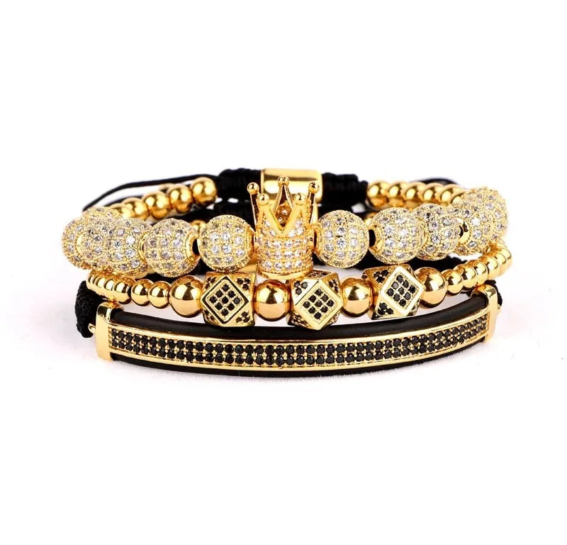 3Pcs/Set 18k Gold Plating 8mm Zirconia Balls Crown Bracelet Set Adjustable Braided Rope Zircon Strip Bracelet
