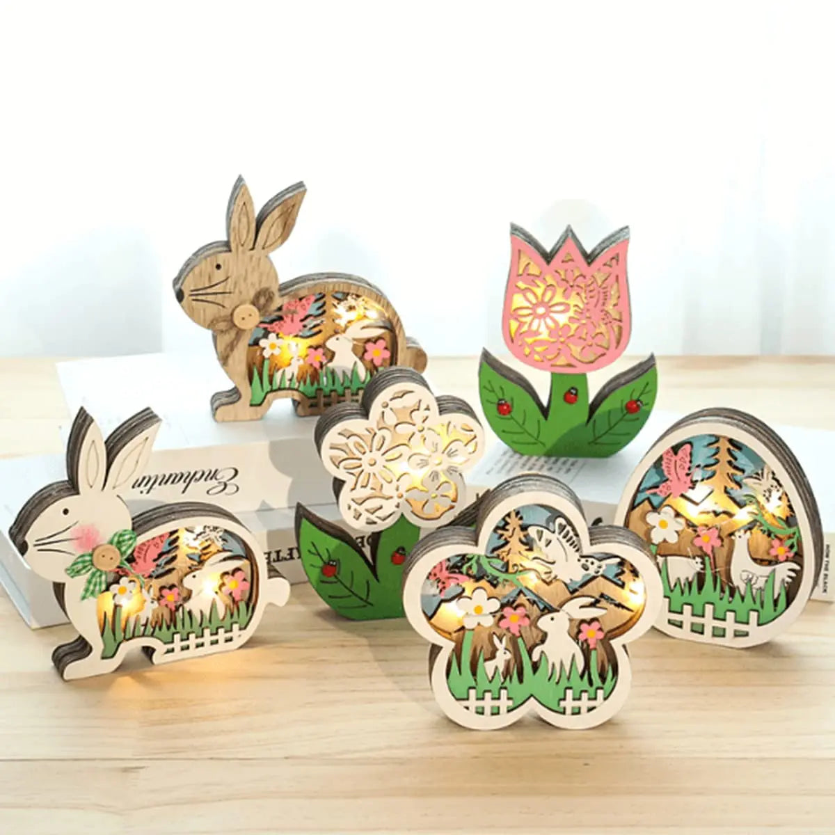 Easter Wooden Bunny Hens Eggs Ornament 3D Layered Modern UV Printed Home Decor Spring Tabletop Decoration