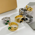 Hyperbole Double Layer Geometric Cambered Rings 18K Gold Plated Stainless Steel Emerald Oval Zircon Inlay Enamel Finger Rings