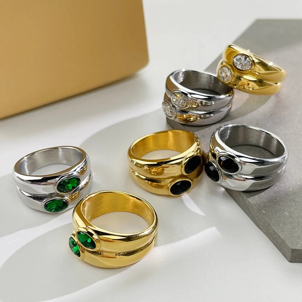 Hyperbole Double Layer Geometric Cambered Rings 18K Gold Plated Stainless Steel Emerald Oval Zircon Inlay Enamel Finger Rings