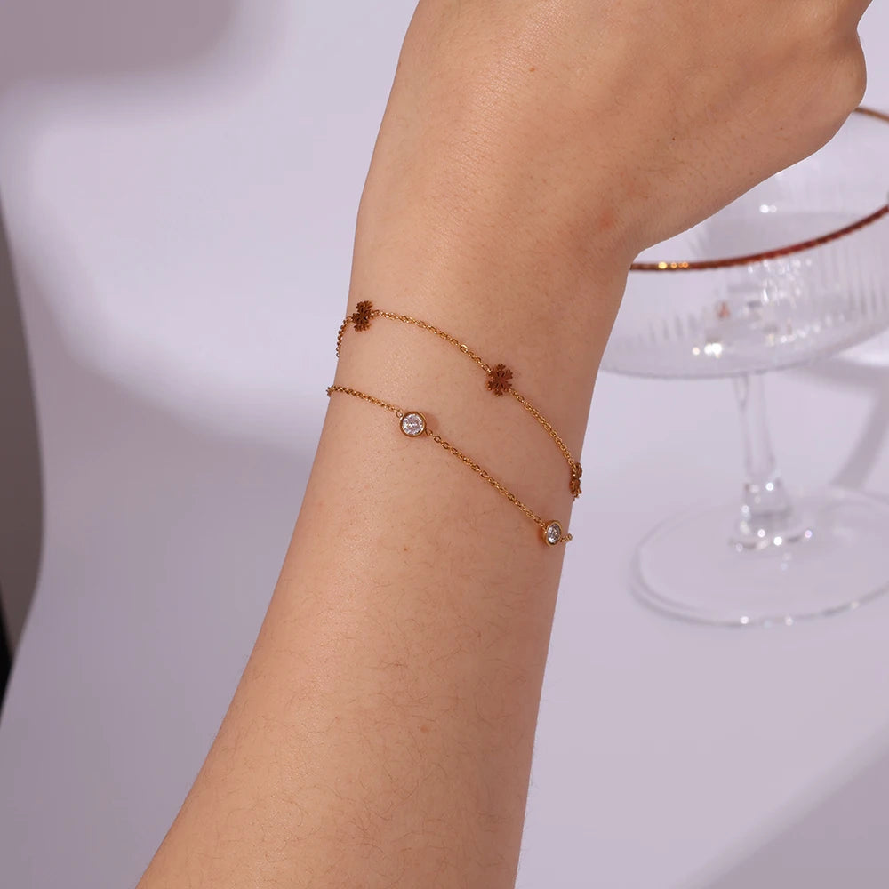 Dainty Stainless Steel New Snowflake Pendant Rhinestone Thin Chain Double Layered Charm Bracelet Gift for Her