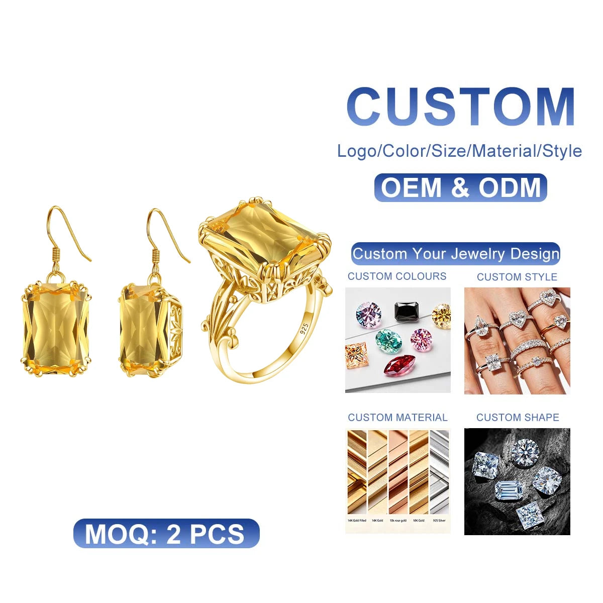 Fine 925 Silver 24K Gold Plated Citrine Yellow Gemstone Rings Earrings Sets Women Jewelry Set Gift