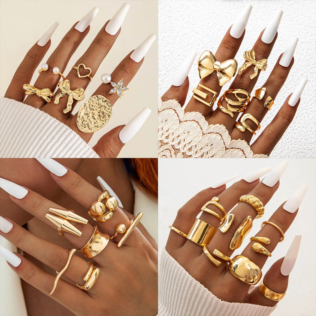 Jachon Wholesale Fashion Rings Minimalist Bowknot Flower Ring Set Irregular Hollow Open Design for Daily and Party Looks
