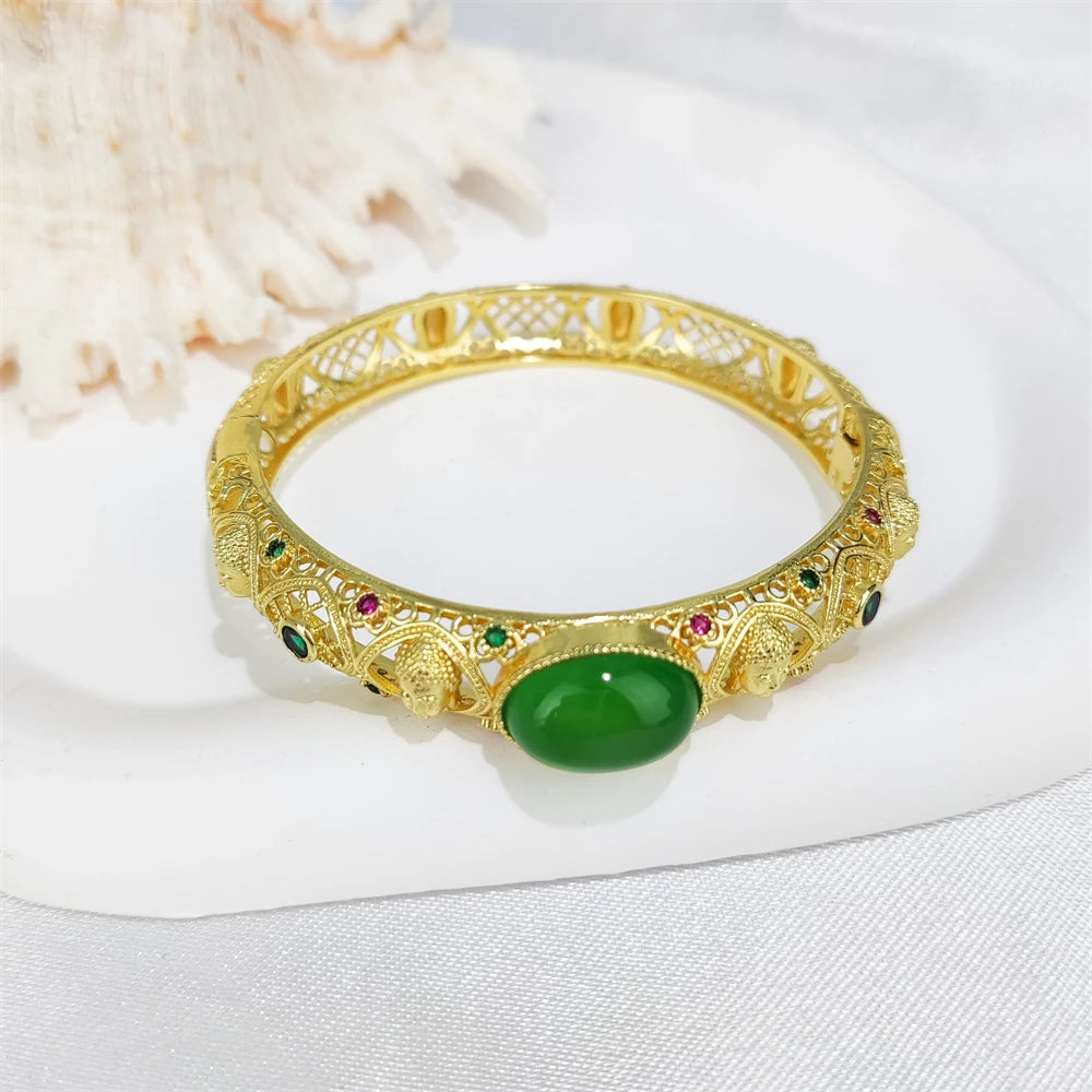 2024 New Arrivals Green Jade Jewelry Healing Crystal 18k Gold Plated Buddha Head Bangles Chalcedony Bracelets Women Jewelry