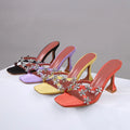 BUSY GIRL WS4889 Rhinestone Flower Mule Heels for Women Black Purple Satin 8.5cm High Heels Shoes Women Crystal slippers Sandals