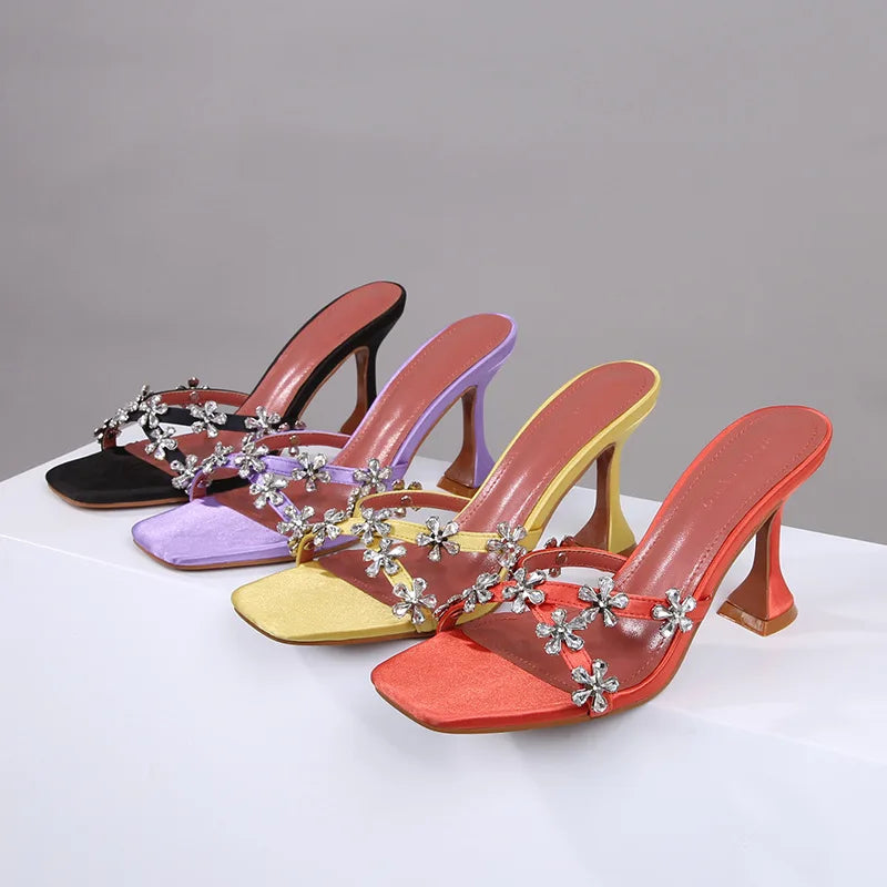 BUSY GIRL WS4889 Rhinestone Flower Mule Heels for Women Black Purple Satin 8.5cm High Heels Shoes Women Crystal slippers Sandals