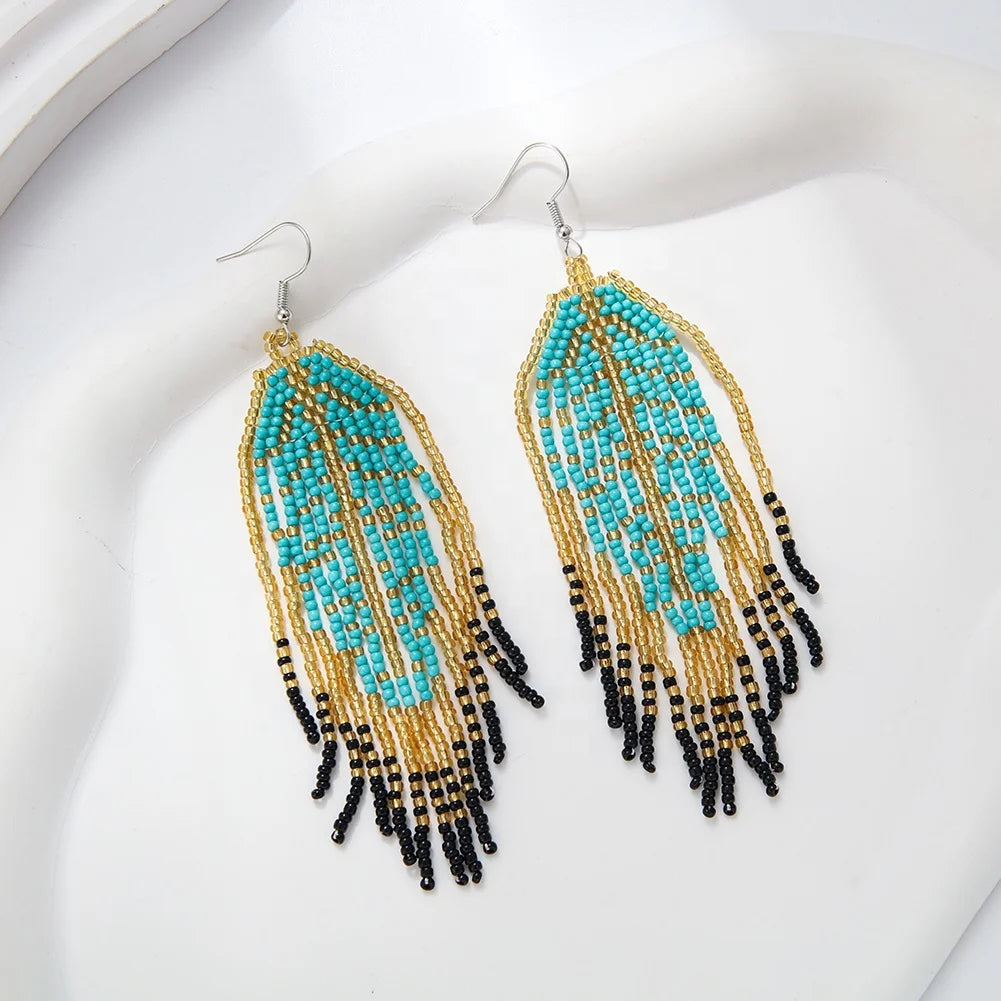 Women's Trendy Multi-Color Hand-Woven Leaf Tassel Acrylic Seed Bead Earrings Statement Jewelry for Weddings or Gifts