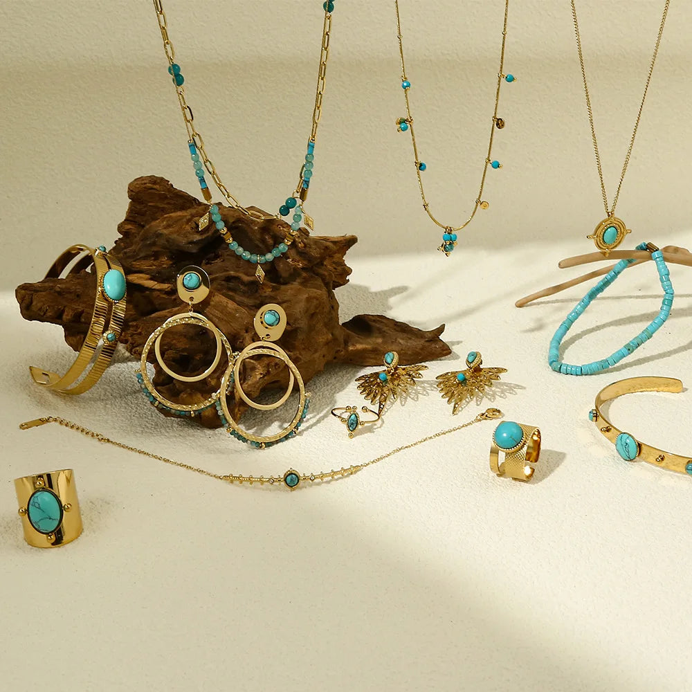 Hot Sale Fashion Stainless Steel Blue Turquoise Charm Necklace Bracelet Earring Ring Jewelry Set for Women