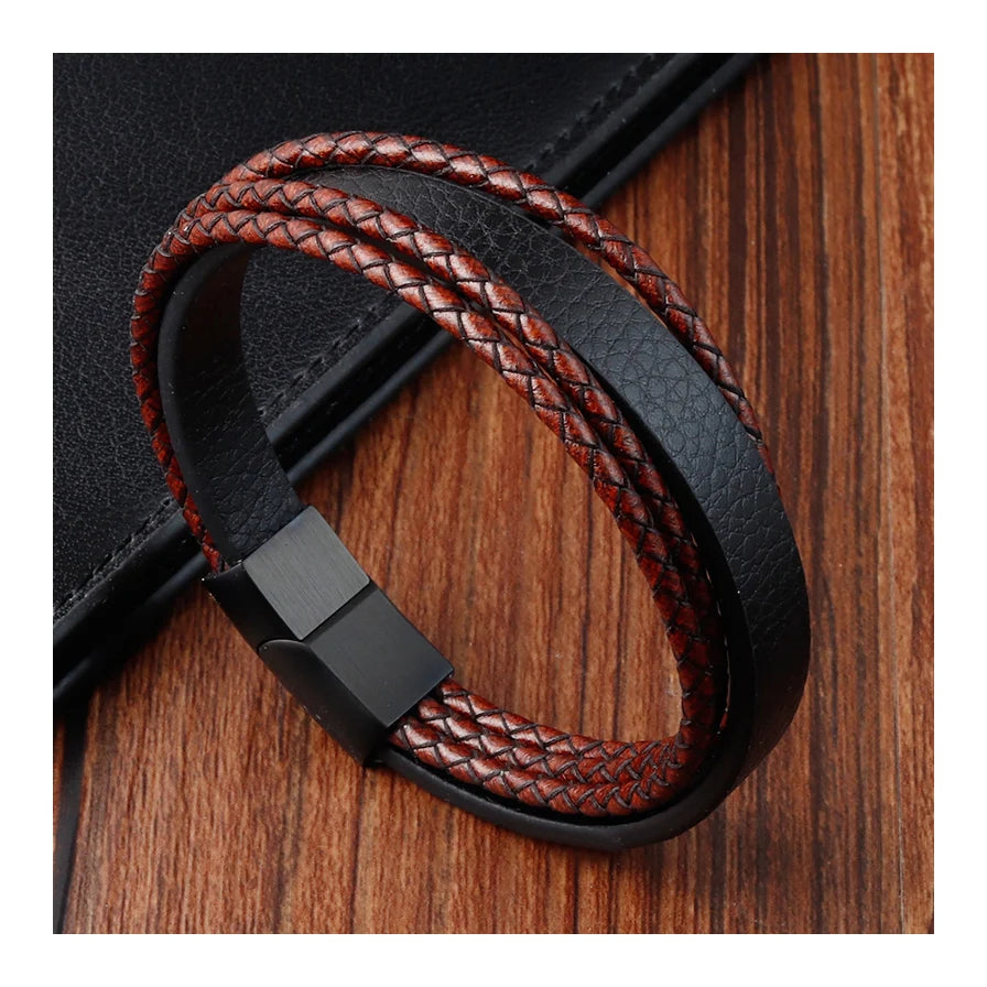 Multilayer Black Plated Stainless Steel Magnetic Clasp Leather Bracelet Braided Wrap Genuine Leather Bracelet for Men