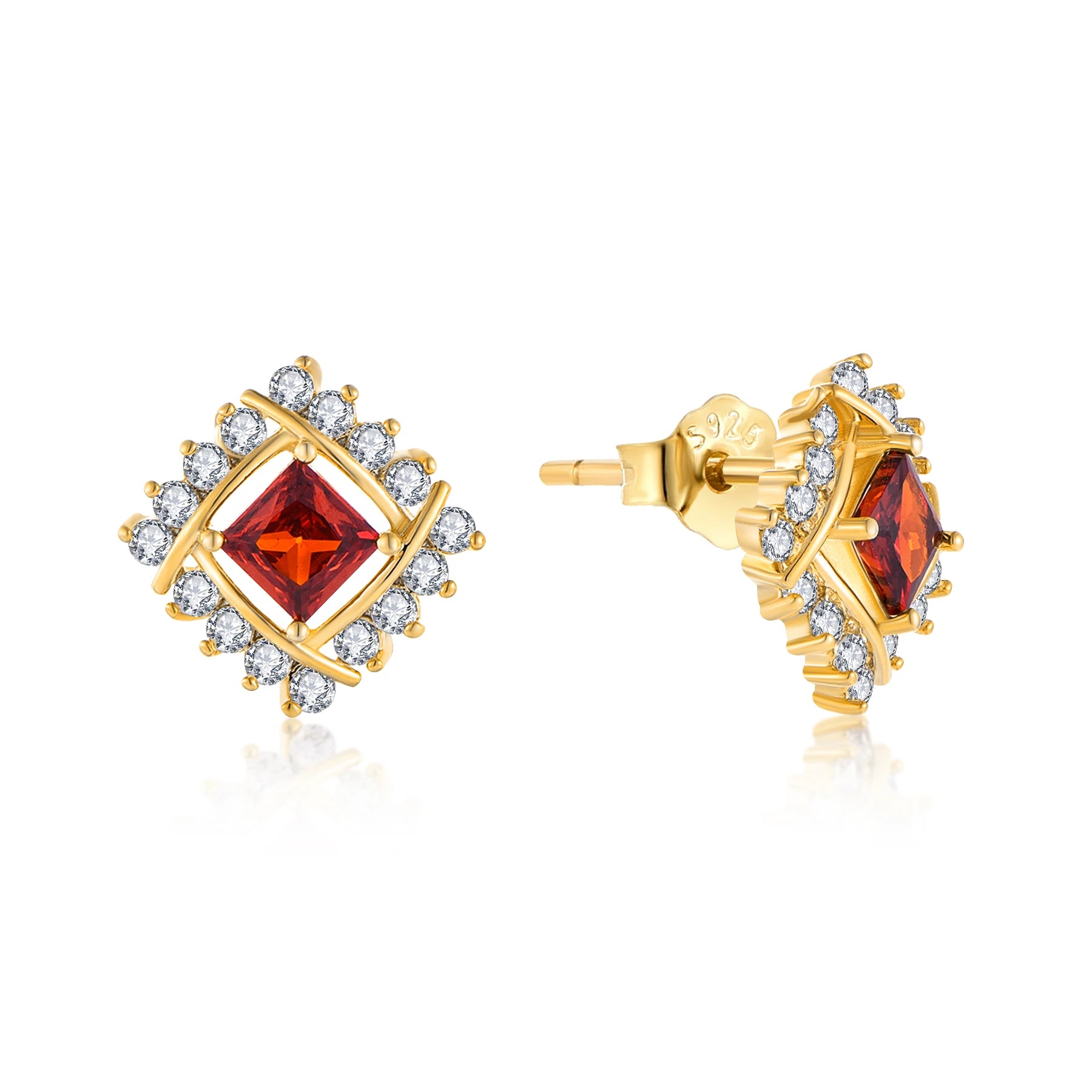 QX Custom Oem Fine Jewelry Square Luxury 18K Gold Plated 925 Sterling Silver Red Cubic Zirconia Women Stud Earrings