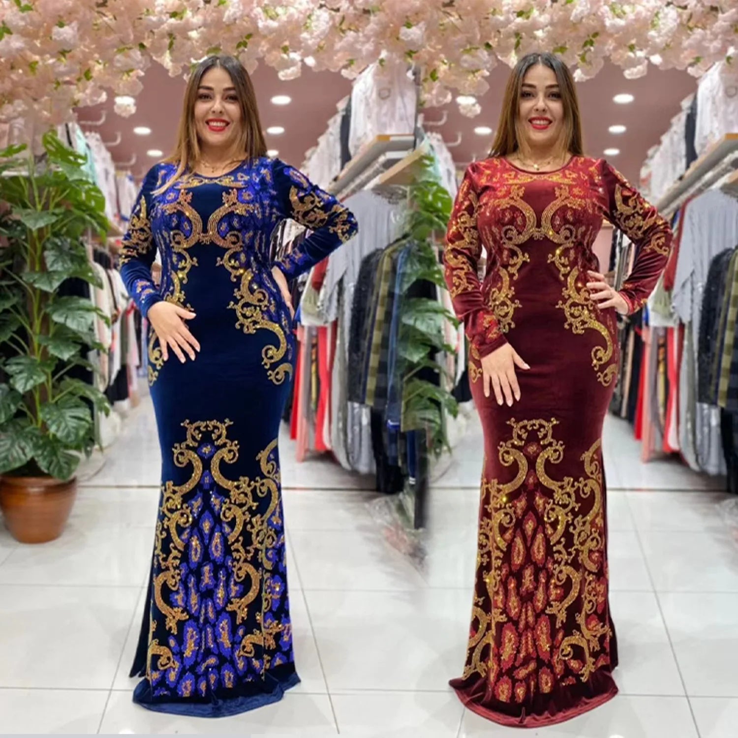 New Heavy-work Velvet Robe With Rhinestones Dress Muslim Women's Party Birthday Wedding Robe Satin Robe