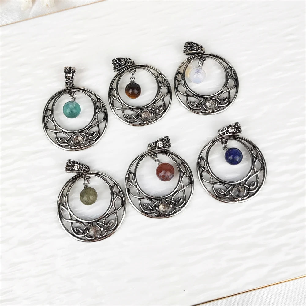 Antique Silver Round Charms Round Stone Natural Labradorite Gemstone Amethyst Rose Quartz Pendant Fashion Jewelry Diy Necklaces