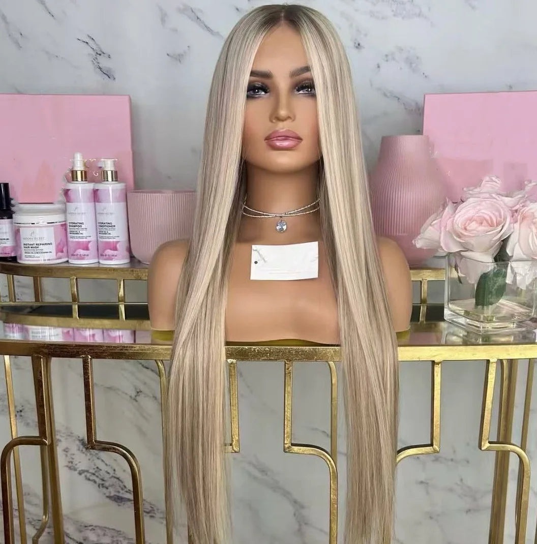 Long 30 Inches Platinum Blonde Highlight Bleached Invisible Knots DD Real Raw Cuticle Aligned Human Hair Lace Front Wigs