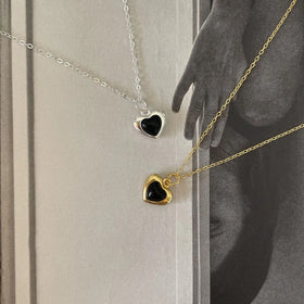 Trendy Jewelry Gold Plated Love Heart Necklace Sterling Silver Black Agate Heart Pendant Necklace for Gift