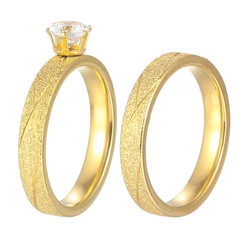 BINSHUO Wholesale Custom Stainless Steel Jewelry 18K Gold Plated Argyle Frosting Diamante Engagement Couple Rings for Men Women