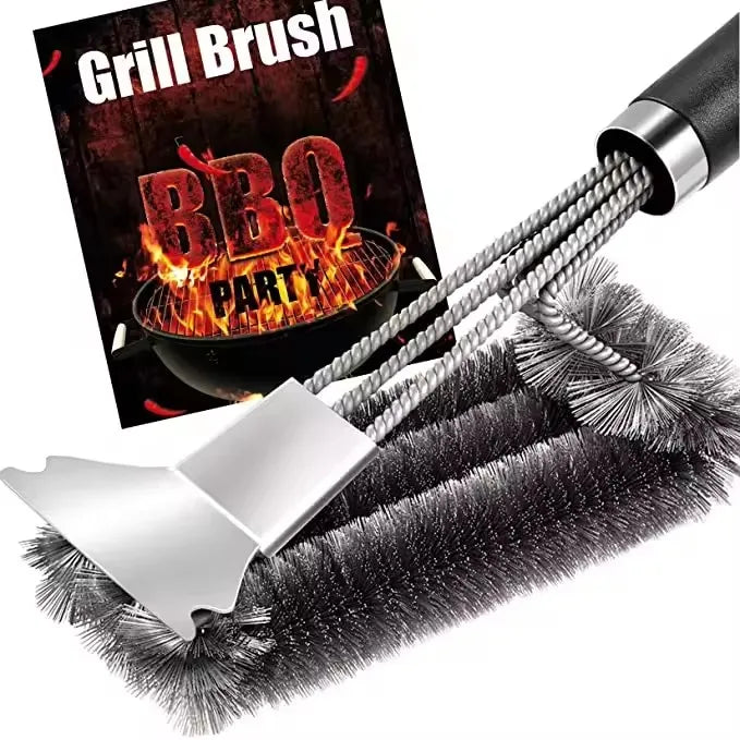 Triple-Headed Barbecue Tools Safe Wire Scrubber Stainless Steel  BBQ Cleaning Grill Brush With Scraper