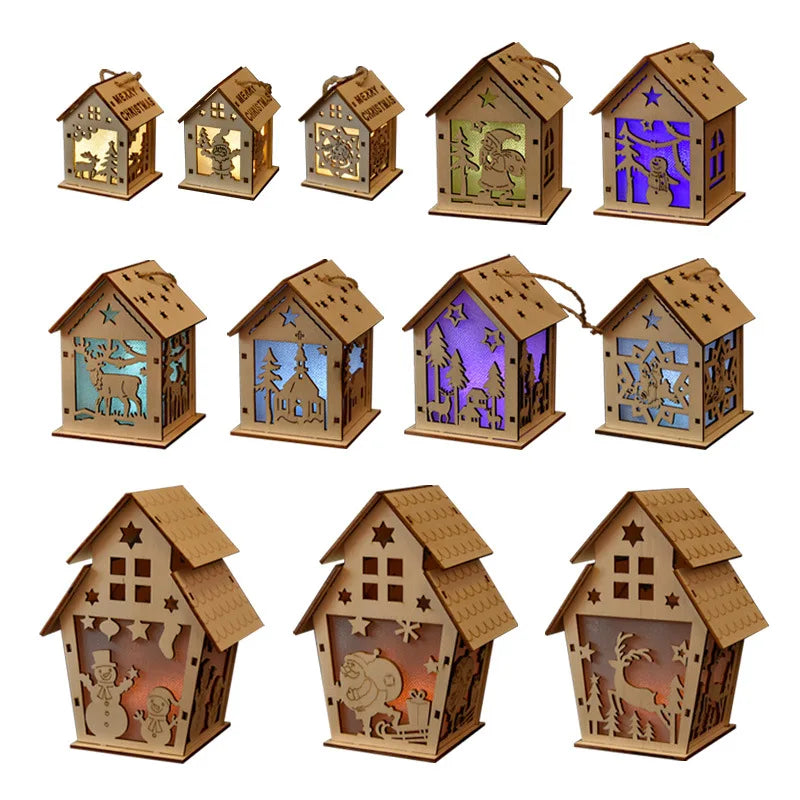 Christmas Glowing Cabins Decor Window Display Ornaments Xmas Tree Hanging Wooden Snow House with LED Light DIY Crafts Gifts