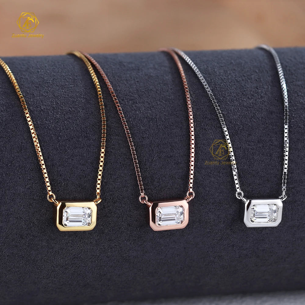 White Moissanite Necklace Women Jewelry 4x6mm Emerald Cut 925 Silver Bezel Set Chain Necklace With VVS Moissanite Pendant