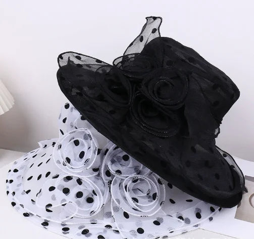 BESTELLA Custom Organza Dark Spot Sunshade Lightweight Four Seasons Flower Bowknot Fedora Bowler Hat Women Parties Beach
