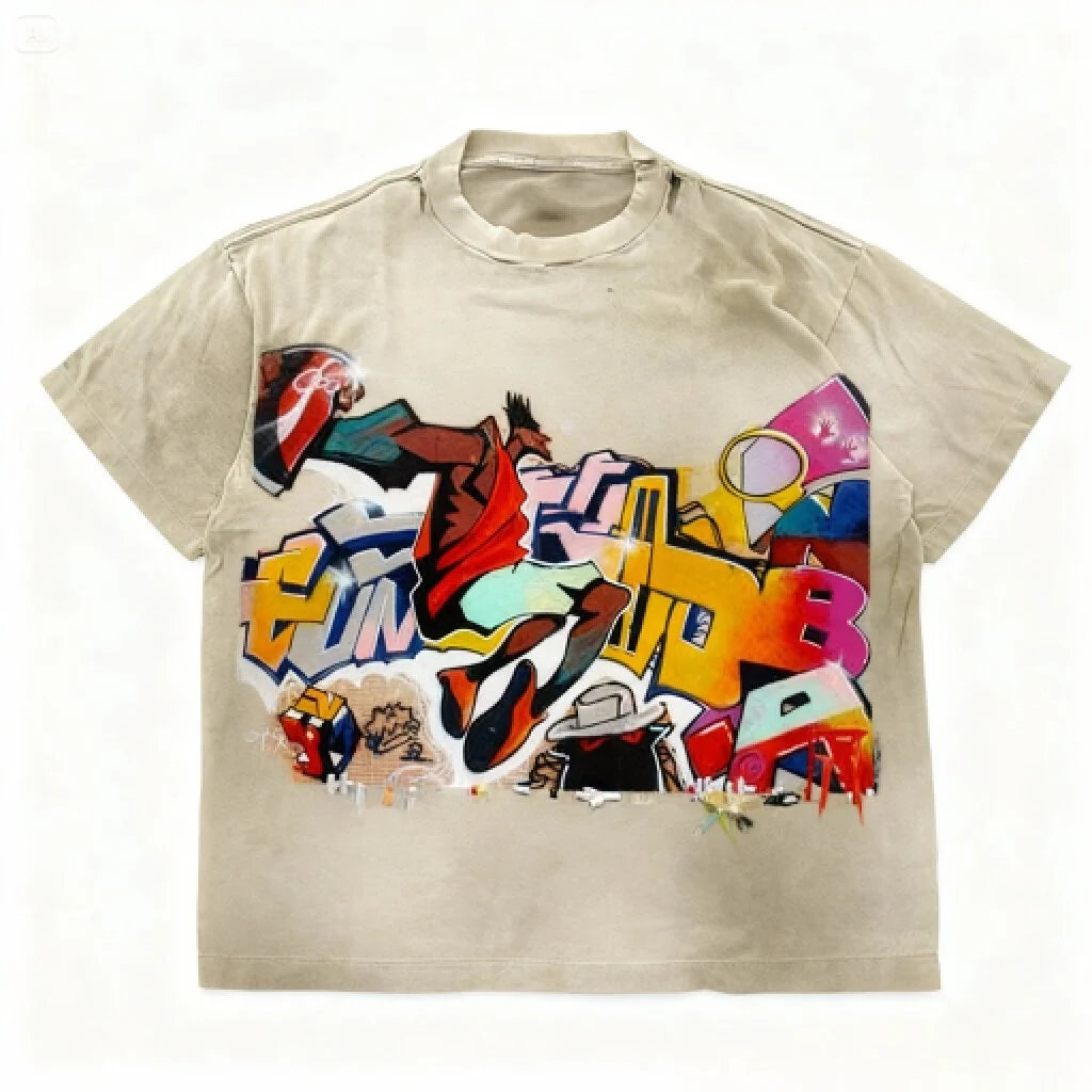 Men's Vintage Punk Graphic Print T-Shirt 100% Cotton Heavy Weight Oversized Retro Rock Style Short Sleeve Streetwear