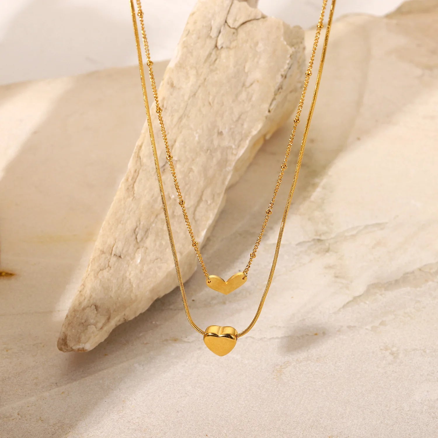 Fashion 18K Gold Plated Stainless Steel Double Layer Heart Love Pendant Necklace for Women Anniversary