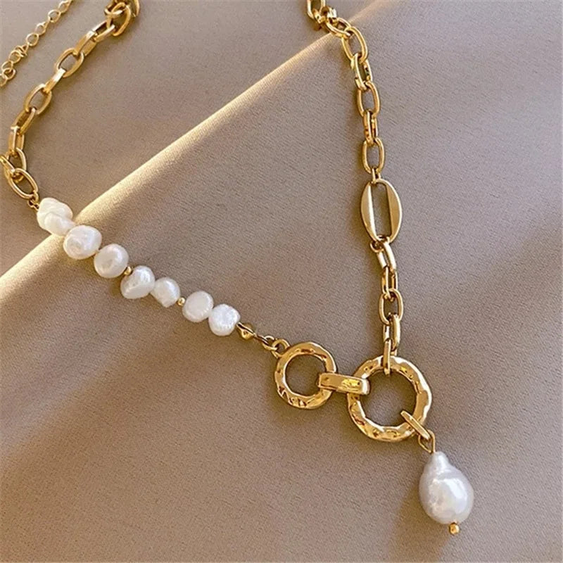 European Popular Baroque Wind Natural Pearl Necklace Temperament Stainless Steel Link Chain Women'S Necklace