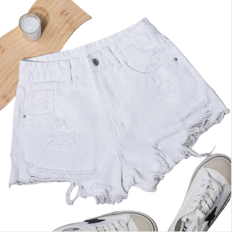 Casual Women's Denim Shorts with Ripped High Waist Design Straight Leg and High Comfort