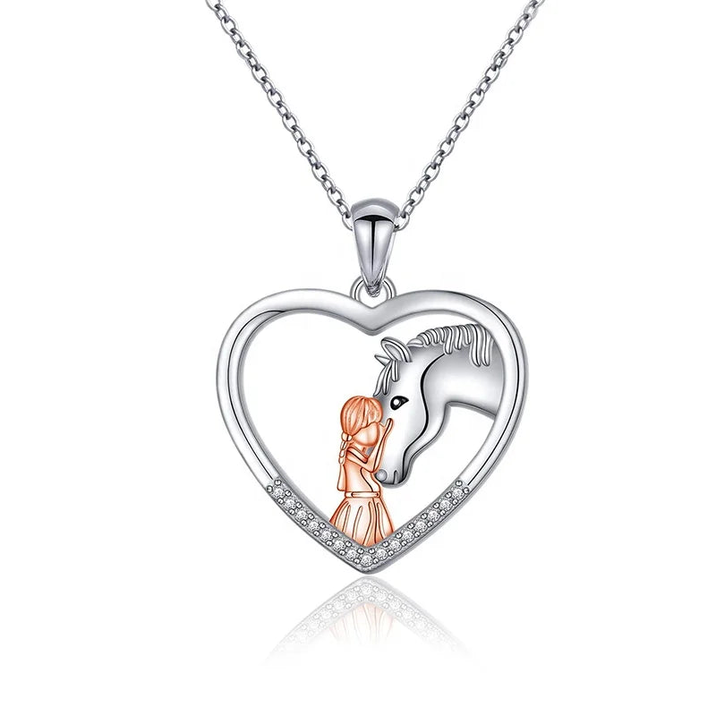 GP127 Horse Pendant 925 Sterling Silver Girls Embrace Horse Love Heart Pendant for Necklace Fine Jewelry Gift for Women Girls