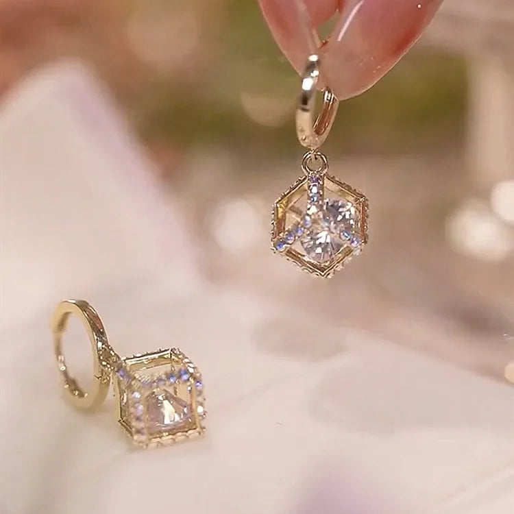 925 Silver Needle Earring Wedding Korean Earring Colored Diamond Three-dimensional Hollow square Zircon Earrings Stud Ear Hoop
